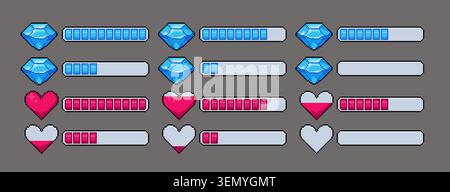 Barre di gioco pixel art, cuore per l'avanzamento del punteggio di salute, contatore di energia vitale, indicatore rombo a 8 bit retrò, icone di indicatore vettoriale cartoni animati. Interfaccia hud classica per videogiochi e display per il monitoraggio dell'alimentazione arcade Illustrazione Vettoriale