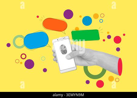 Collage di donna che tiene in mano uno smartphone con un'impronta digitale sullo schermo su sfondo giallo con bolle e cerchi colorati Foto Stock