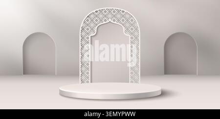 Elegante podio 3D con ornamenti islamici bianchi e design ad arco. Illustrazione vettoriale realistica del lussuoso sfondo Ramadan con palco rotondo per la presentazione del prodotto, design del banner promozionale per le vendite natalizie Illustrazione Vettoriale