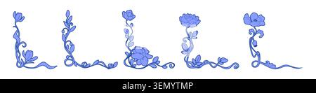 Eleganti cornici ad angolo floreali isolate su sfondo bianco. Illustrazione vettoriale di delicati fiori in fiore in blu, design botanico vintage per inviti di nozze o biglietti romantici Illustrazione Vettoriale
