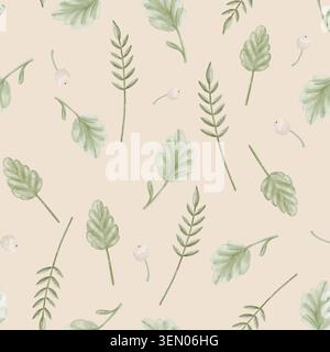 Morbido acquerello foglie botaniche e frutti di bosco motivo senza cuciture in calde tonalità beige Foto Stock