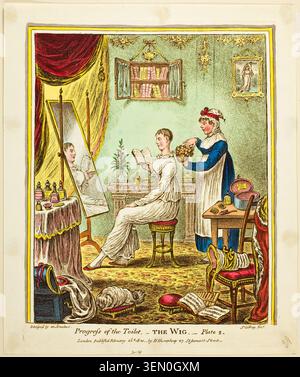 The Wig, plate two from Progress of the toilet di James Gillray, pubblicato il 26 febbraio 1810, raffigurante una giovane donna con i capelli acconciati da un assistente in un interno elegantemente arredato Foto Stock