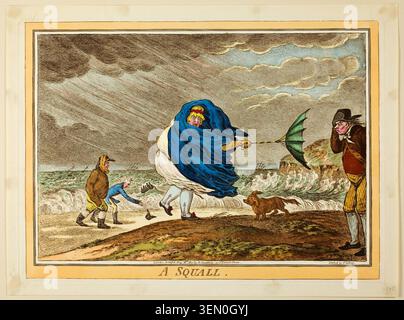 A Squall di James Gillray, pubblicato il 16 maggio 1810, raffigurante figure che lottano contro il vento violento e la pioggia su una spiaggia, con gonne e ombrello di una donna soffiati verso l'alto tra le onde Foto Stock