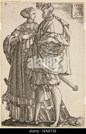 Coppia danzante, piatto sette del grande matrimonio-ballerini di Heinrich Aldegrever, 1538, raffigurante un uomo e una donna elegantemente vestiti in una danza intima, riccamente ornati di gioielli e abiti fluenti Foto Stock