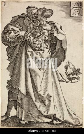 Coppia danzante, piatto otto dei grandi Wedding-Dancers di Heinrich Aldegrever, 1538, raffigurante un uomo e una donna vestiti con cura in una posa di danza intima, riccamente ornati di gioielli e abiti fluenti Foto Stock