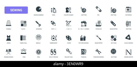 Simboli da cucire e sartoriali con strumenti, tessuti, forniture per maglieria ed elementi per la creazione di capi d'abbigliamento per l'artigianato, la moda e i temi tessili le icone a tinta unita nere creano un'illustrazione vettoriale Illustrazione Vettoriale