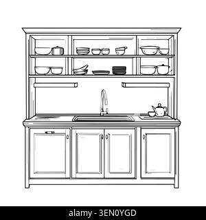 Armadietto da cucina con ripiani aperti, piatti, lavello e bollitore, disegno in bianco e nero di Vector. Il disegno è isolato dallo sfondo.per c Illustrazione Vettoriale