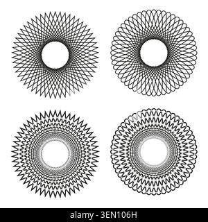 Set di quattro vettori circolari a guilloche. Ideale per filigrane di documenti ufficiali e marchi eleganti. EPS 10. Illustrazione Vettoriale