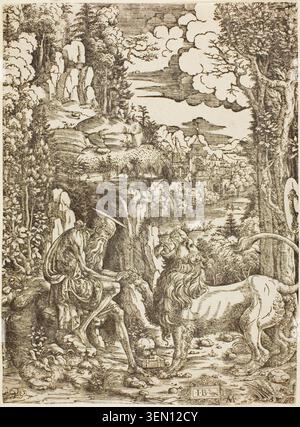 San Girolamo e il Leone del Maestro I.B. con l'uccello, c. 1509, raffigurante il santo che rimuove una spina dalla zampa di un leone in un deserto roccioso, con un teschio che simboleggia la sua penitenza Foto Stock