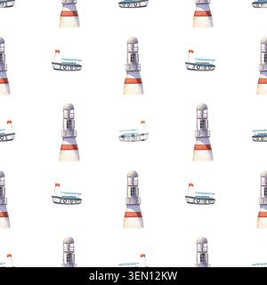 Disegno ad acquerello senza cuciture disegnato a mano con un design nautico ripetuto con fari costieri e piccole barche da crociera con bandiere rosse. Questo carino Foto Stock
