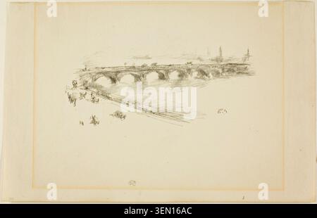 Sera, Little Waterloo Bridge di James McNeill Whistler, 1896 anni, raffigurante un ponte ad arco che attraversa un fiume con un paesaggio urbano lontano e figure sulla riva in primo piano Foto Stock