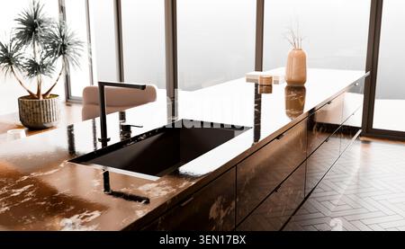 Interni moderni della cucina con elegante ripiano nero, grandi finestre e decorazioni minimaliste. Foto Stock