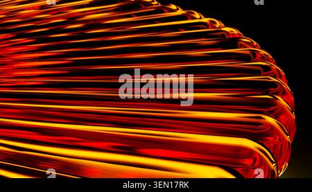 Primo piano astratto di tubi di vetro curvi e luminosi in calde tonalità arancione e rosso. Foto Stock