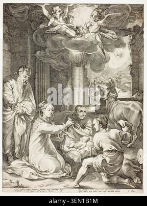 L'Adorazione dei Pastori, piatto tre dalla nascita e dai primi anni di vita di Cristo di Hendrick Goltzius, 1594, raffigurante pastori e figure riunite in riverenza come angeli celesti appaiono sopra nelle nuvole Foto Stock
