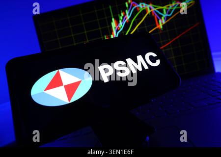 PSMC Powerchip Semiconductor Manufacturing Corporation, il principale logo Taiwanese Specialty Foundry and Memory Chip Manufacturer sullo schermo del telefono cellulare Foto Stock