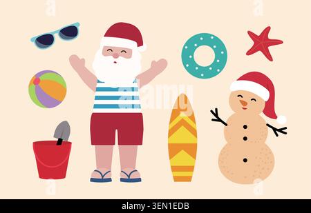 Set da spiaggia estivo natalizio. Raccolta di Babbo Natale, pupazzo di neve, stelle marine, tavola da surf, anello da nuoto, pallone da spiaggia, occhiali da sole. Illustrazione Vettoriale