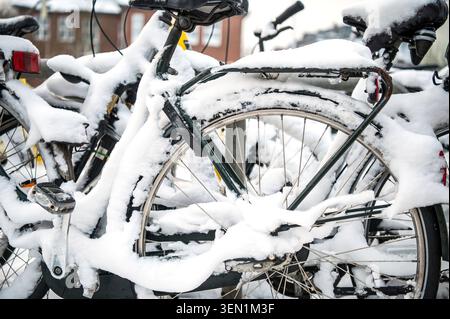 Biciclette coperto di neve Foto Stock