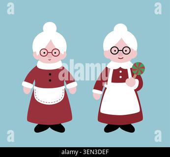 Set di simpatiche illustrazioni vettoriali piatte Mrs Claus. Natale babbo Natale moglie cartone animato. Illustrazione Vettoriale