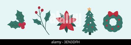 Set di diverse illustrazioni di piante di Natale in stile piatto. Set di illustrazioni delle piante natalizie invernali. Elementi di design botanico natalizio. Illustrazione Vettoriale
