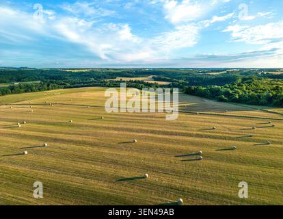 Punto panoramico con droni ad alto angolo di balle di paglia circolari su un campo agricolo di raccolta dorato accanto a una strada di campagna costeggiata da alberi sotto un sk nuvoloso blu Foto Stock