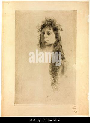 Testa di una donna con capelli lunghi di Robert Frederick Blum, n.d., raffigurante una figura femminile contemplativa con tricicci fluenti, riprodotta in un dettaglio lineare Foto Stock