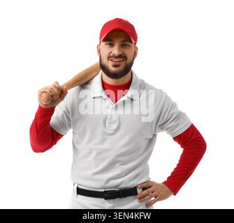 Giocatore di baseball sorridente in berretto rosso e uniforme bianca che tiene la mazza sulla spalla, sport e tempo libero, l'uomo ha la barba e guarda direttamente il c Foto Stock