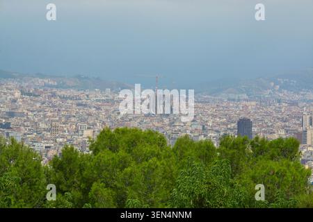 basilica della Sagrada familia e paesaggio urbano di barcellona con lussureggianti alberi verdi, sviluppo urbano e punto di riferimento architettonico, spagna Foto Stock