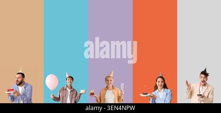 Gruppo di persone diverse che celebrano i compleanni con torte e palloncini su sfondi colorati Foto Stock