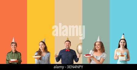 Gruppi diversi di persone che celebrano compleanni con torte e cappelli da festa su sfondi colorati, occasioni festive, un gruppo eterogeneo di persone festeggiano Foto Stock