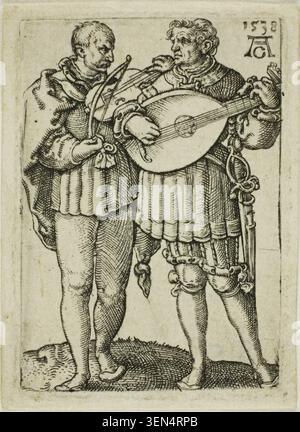 Due musicisti che suonano il violino e il liuto, piatto uno dei piccoli ballerini nuziali di Heinrich Aldegrever, 1538, raffigurante due uomini elaborati che si esibiscono insieme ai loro strumenti Foto Stock
