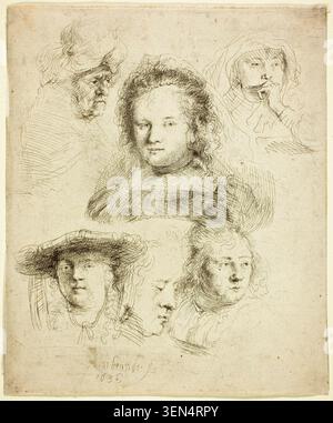 Studi sul capo di Saskia e altri di Rembrandt van Rijn, 1636, raffiguranti molteplici studi di ritratti di una giovane donna e di diverse altre teste in varie pose ed espressioni Foto Stock