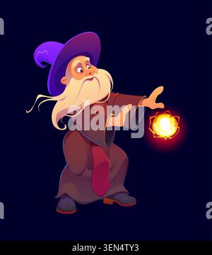 Mago dei cartoni animati con barba bianca e cappello viola Illustrazione Vettoriale