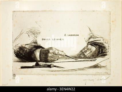 Hands Etching - o Laborum di Francis Seymour Haden, 1865, che raffigura le mani di un artista al lavoro con strumenti e carte per incidere in uno studio Foto Stock