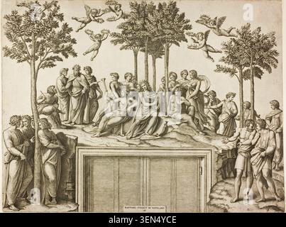 Apollo sul Parnaso di Marcantonio Raimondi dopo Raffaello, 1517–20, raffigurante il dio Apollo circondato da poeti e muse in un santuario di montagna boscoso Foto Stock