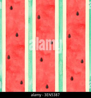Motivo a strisce di acquerello dipinto a mano con semi di anguria sparsi. Nuova palette estiva con tonalità rosa, verde e crema in una ripetizione perfetta Foto Stock