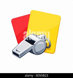Oggetto vettoriale di carte arbitri rosse e gialle e fischietti in stile grafico 2D piatto con colori solidi isolati per gli sport di calcio Illustrazione Vettoriale