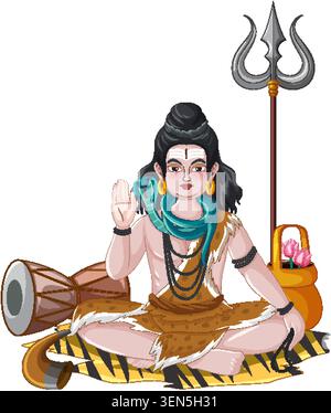 il dio indù Shiva siede in meditazione con tridente, tamburo e serpente su sfondo bianco. Illustrazione Vettoriale