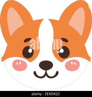 Illustrazione piatta di un viso di cane corgi con orecchie a punta muso bianco guance rosate e un sorriso felice Illustrazione Vettoriale