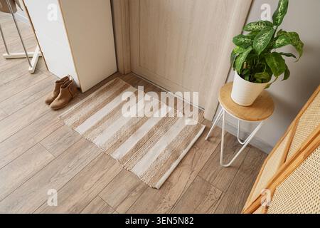 Design degli interni dell'ingresso della casa con tappetino a righe, pianta in vaso e stivaletti marroni su pavimento in legno Foto Stock