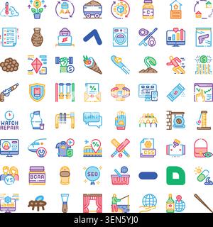 Grande set di icone vettoriali colorate che copre attività, finanza, viaggi, cibo, sport, tecnologia, salute, casa e vita quotidiana pittogrammi versatili per il web, Illustrazione Vettoriale