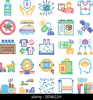 Set di icone colorate che illustrano vari aspetti del consumo umano, della cura della persona, dell'istruzione, delle imprese, dei trasporti, e ambientale Illustrazione Vettoriale