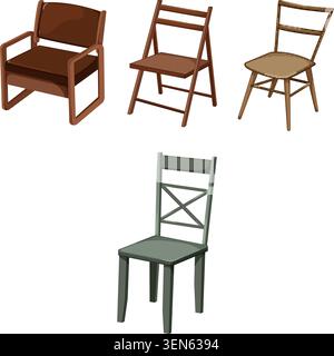 Set di sedie per mobili che offre varie opzioni di posti a sedere per il design degli interni, il comfort della casa e l'arredamento dell'ufficio, tra cui poltrona, pieghevole, ristorante e Illustrazione Vettoriale