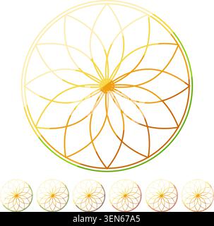 Modello geometrico sacro dorato che crea un disegno circolare mandala, simboleggia l'equilibrio mistico, l'armonia e la connessione spirituale con decorazioni ornate Illustrazione Vettoriale