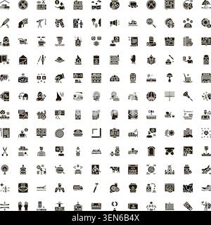Ampia collezione di icone piatte monocromatiche diverse che rappresentano concetti di business, finanza, web design, tecnologia, salute, e il generale obje quotidiano Illustrazione Vettoriale