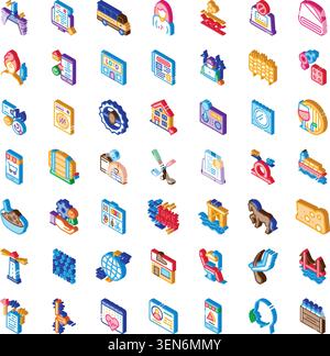 Collezione diversificata di icone isometriche colorate che illustrano un'ampia gamma di servizi, tecnologie, salute, tempo libero e industria, ideale per web, applic Illustrazione Vettoriale