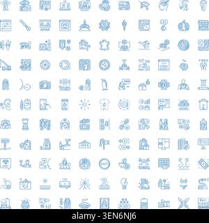 Ampia collezione di diverse icone disegnate a mano per il settore commerciale, tecnologico, sanitario, finanziario, alimentare, viaggi, ambiente e stile di vita versatili Illustrazione Vettoriale