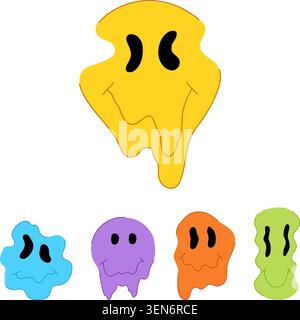 Collezione di volti smiley vibranti, distorti e in vari colori che creano un trippy, retrò, divertente ed espressivo, simboleggiando la felicità, Illustrazione Vettoriale