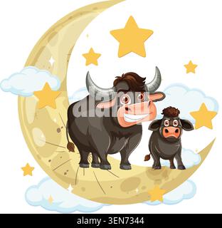 Bufalo sorridente e vitello sulla luna crescente con stelle, nuvole, colori brillanti, stile cartoni animati Illustrazione Vettoriale