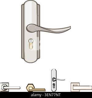 Diversi stili di maniglie e leve delle portiere offrono una scelta di design moderni e tradizionali per l'accesso a casa e in ufficio, sottolineando la sicurezza Illustrazione Vettoriale