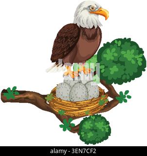 Illustrazione vettoriale di un'aquila appollaiata su un nido con uova su un ramo a foglia. Illustrazione Vettoriale